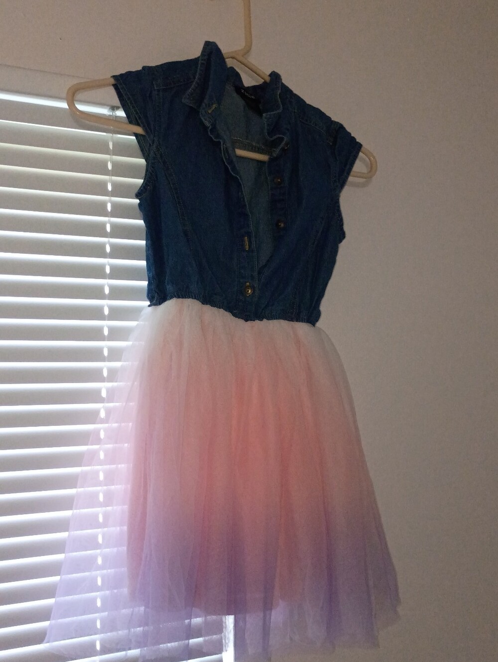 Zunie Denim Bodice Tulle Dress in Blue and Pink-Purple Ombre